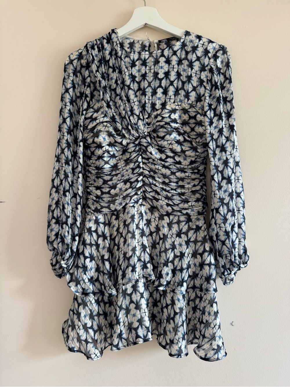 Zara Navy and White Floral Ruched Tiered Mini Dress